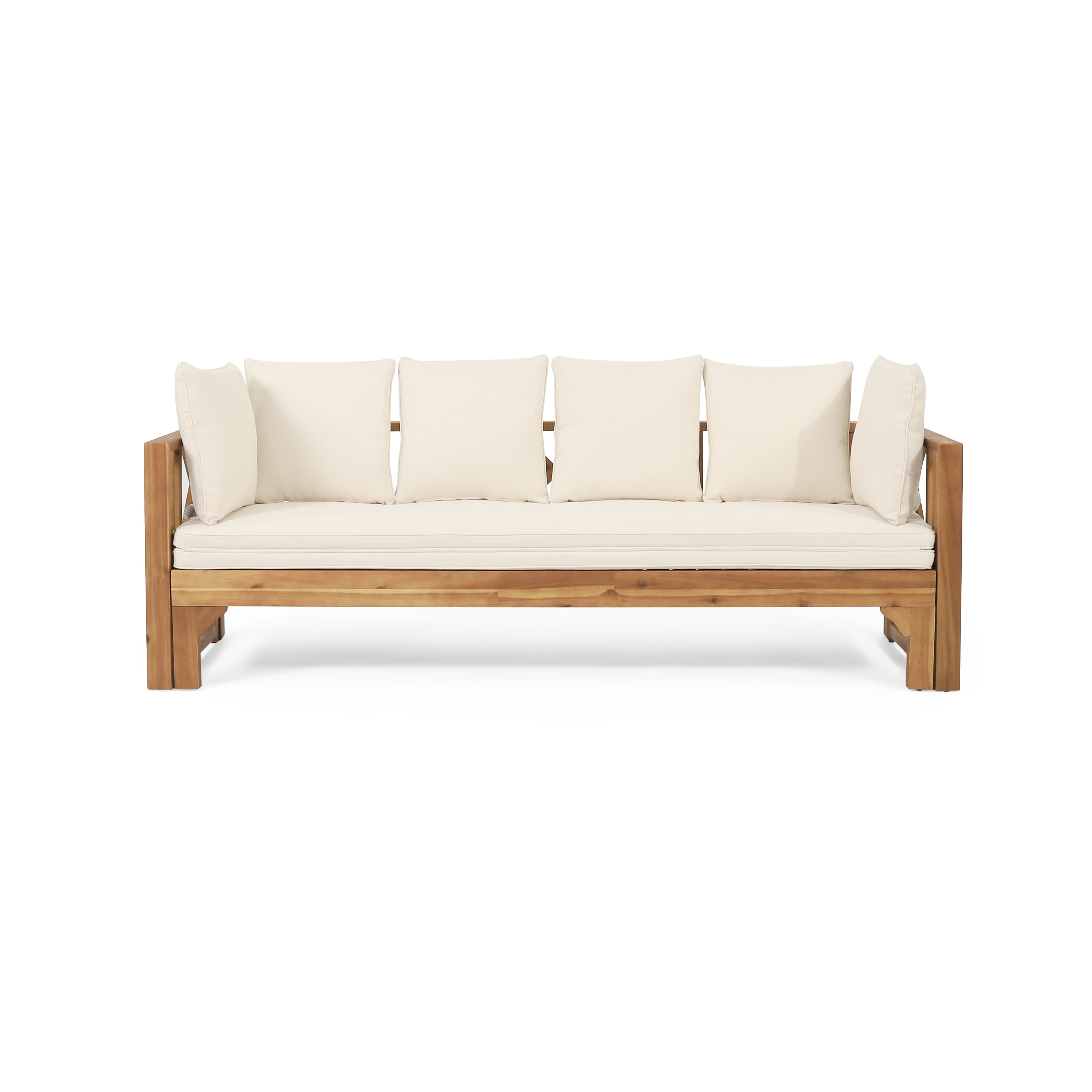 Outdoor Extendable Acacia Wood 3 Seater Sofa, Upholstered Cushion Couch, Daybed Sofa Chair, Spacious Seating Lounge Chair, Patio Daybed Sofa for Garden Yard - Grand Goldman Shop