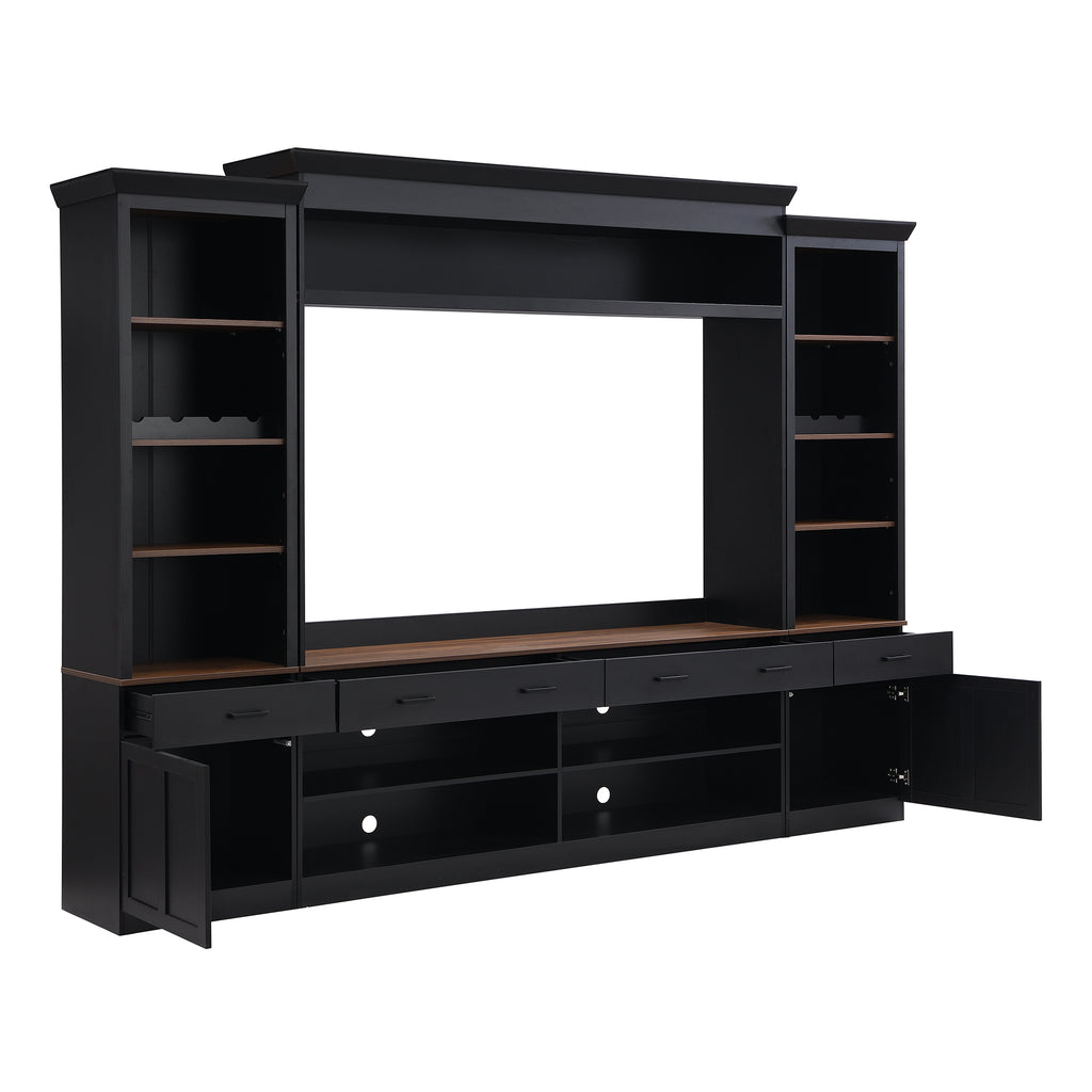 Farmhouse Entertainment Wall Unit with Bookshelf for TVs Up to 70', Walnut TV Stand with Adjustable Shelves, Mid-Century Media Console with Wine Rack for Living Room, Black (NEW SKU: N721S000046B-2) - Grand Goldman Shop