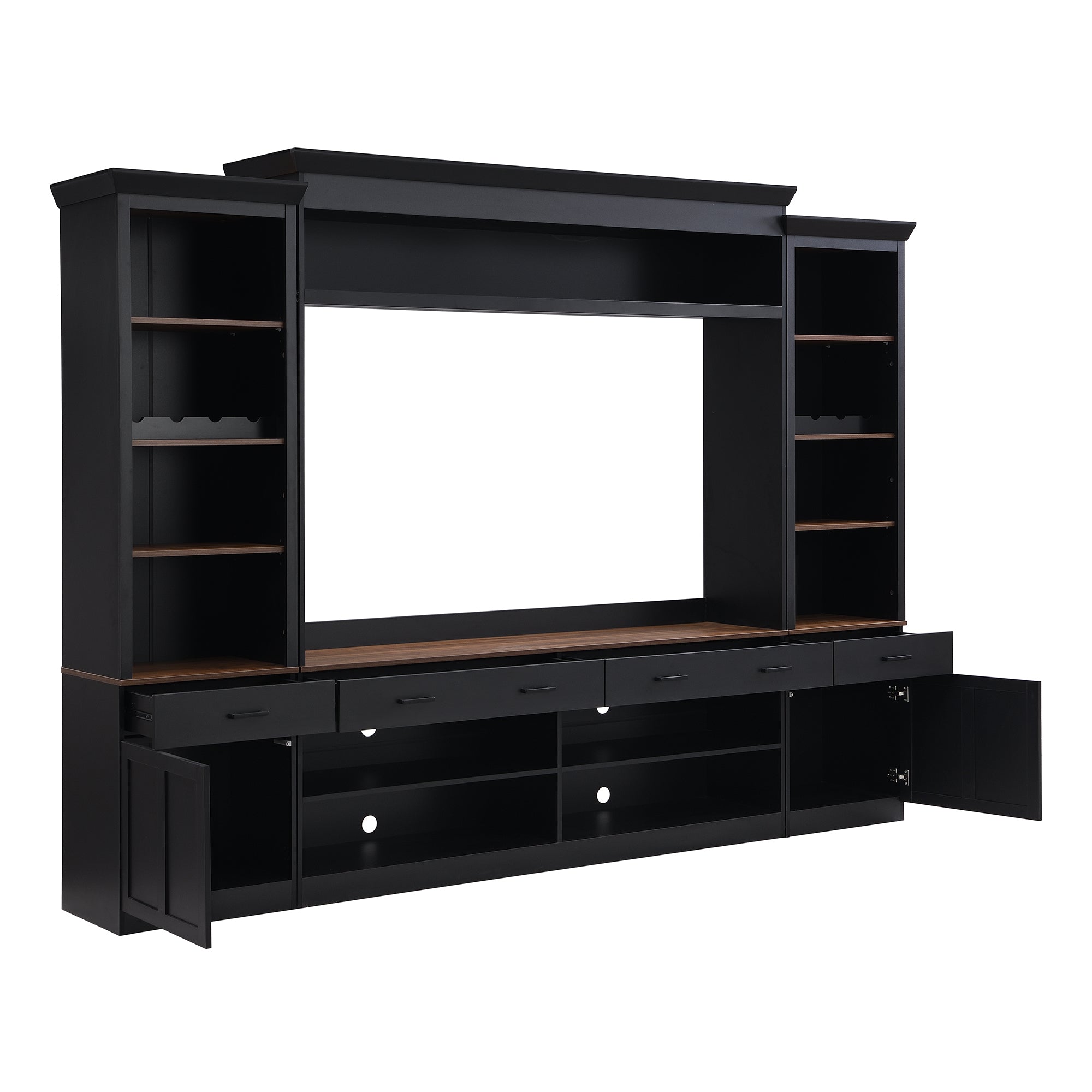 Farmhouse Entertainment Wall Unit with Bookshelf for TVs Up to 70', Walnut TV Stand with Adjustable Shelves, Mid-Century Media Console with Wine Rack for Living Room, Black (NEW SKU: N721S000046B-2) - Grand Goldman Shop