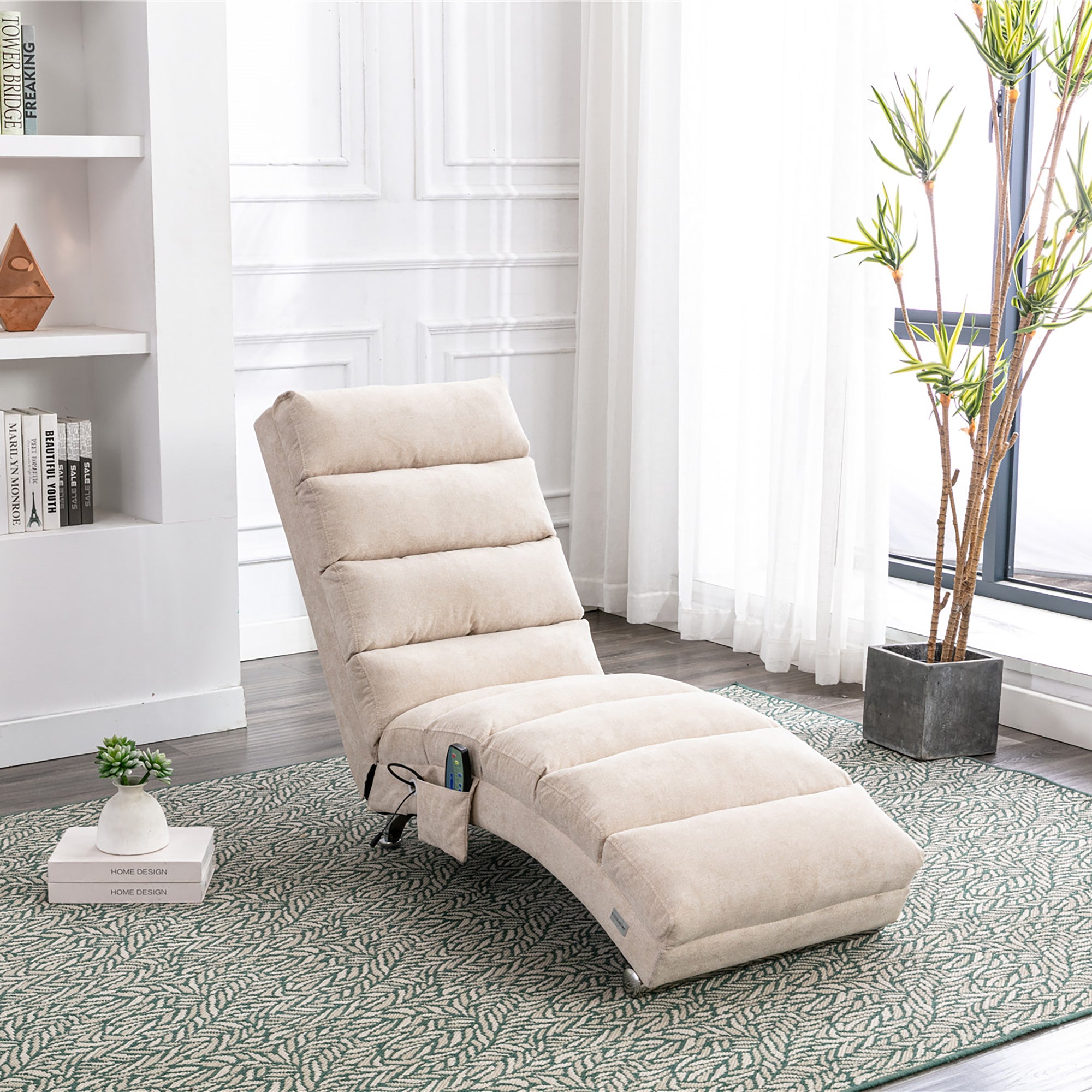 Linen Massage Chaise Lounge Indoor with Remote Control, Ergonomic Electric Massage Lounger in Beige - Grand Goldman Shop