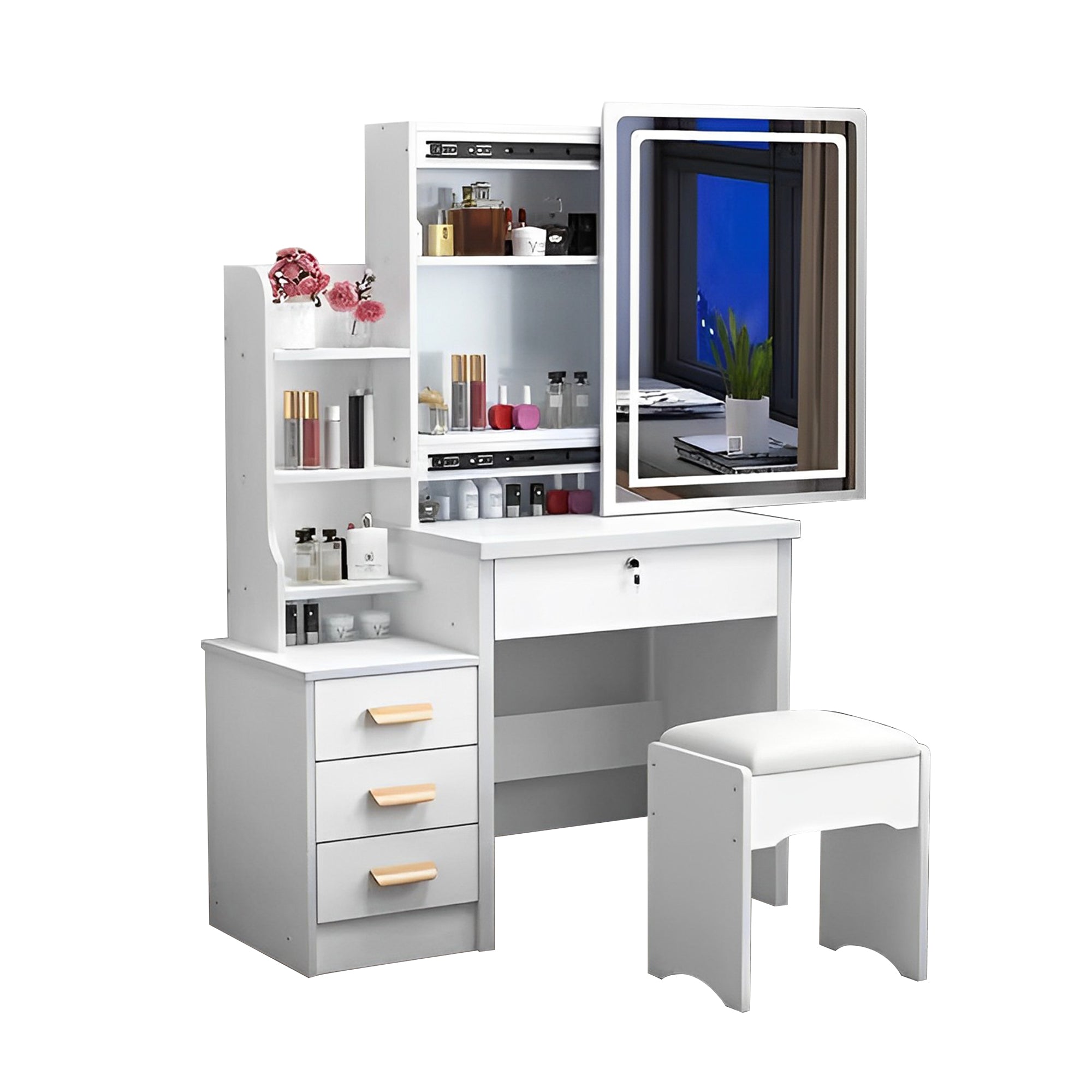 Fashion Vanity Desk with Mirror and Lights for Makeup and Chair, White MDF Vanity Set with 3 Color Adjustable LED Lighting, 4 Drawers - Grand Goldman Shop