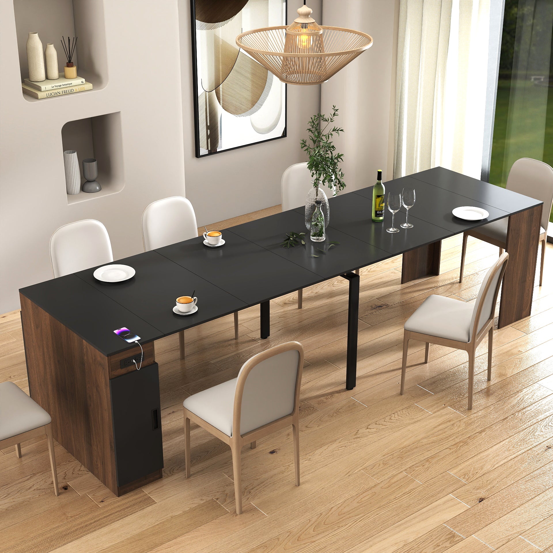 Modern Multifunctional Extendable Dining Table with Outlet, Space Saving Expanding Table with Storage for Party, Weddings, Meetings, Celebrations - Grand Goldman Shop