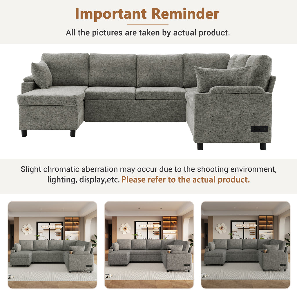 Versatile Light Grey Chenille Sectional Sofa Bed with Storage, Cup Holders & Charging Ports, 109.9' - Grand Goldman Shop
