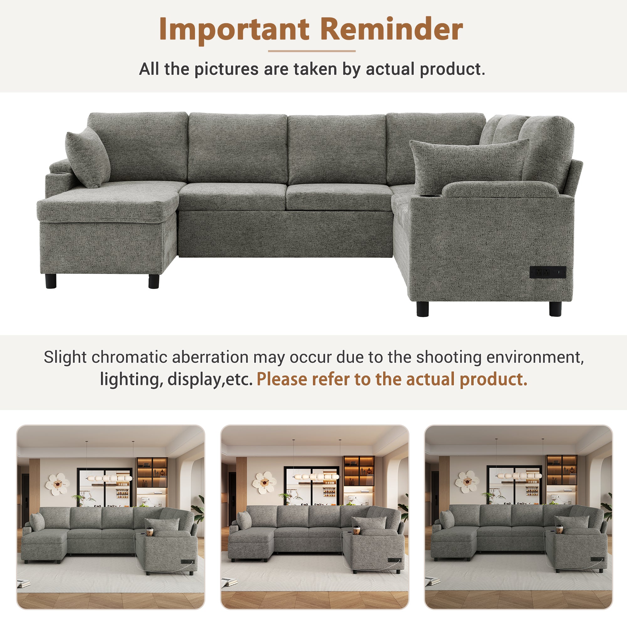 Versatile Light Grey Chenille Sectional Sofa Bed with Storage, Cup Holders & Charging Ports, 109.9' - Grand Goldman Shop