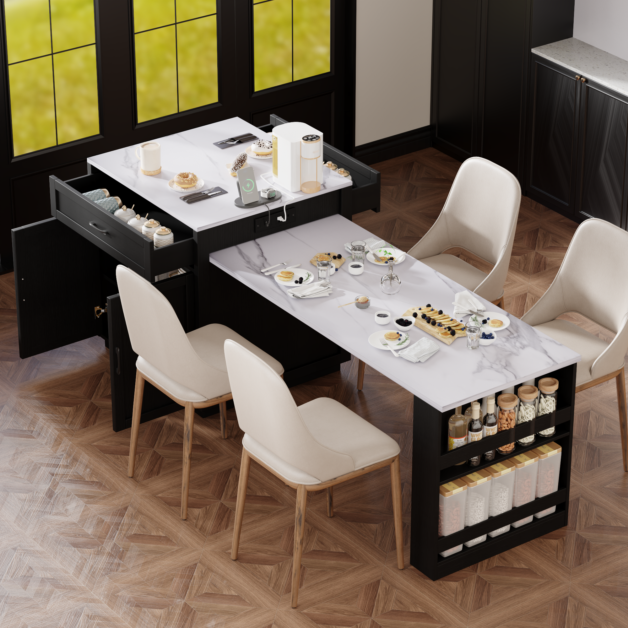 K&K 82.7 inch Kitchen Island with Extendable Dining Table for 4-6 Person,Faux Mable Kitchen Table with Double-sized Storage,Power Outlet,Kitchen island with Storage 2 Drawers 2 Side Open Shelves,Black - Grand Goldman Shop
