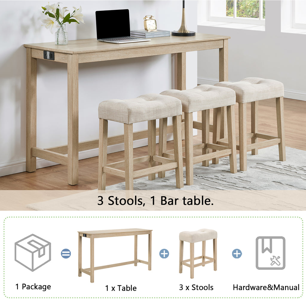4 Piece Bar Table Set with Power Outlet, Bar Table Set with Chairs, Sofa Bar Table with Stools, Behind Couch Table with 3 Padded Stools for Living Room, Dining room, Light Oak - Grand Goldman Shop