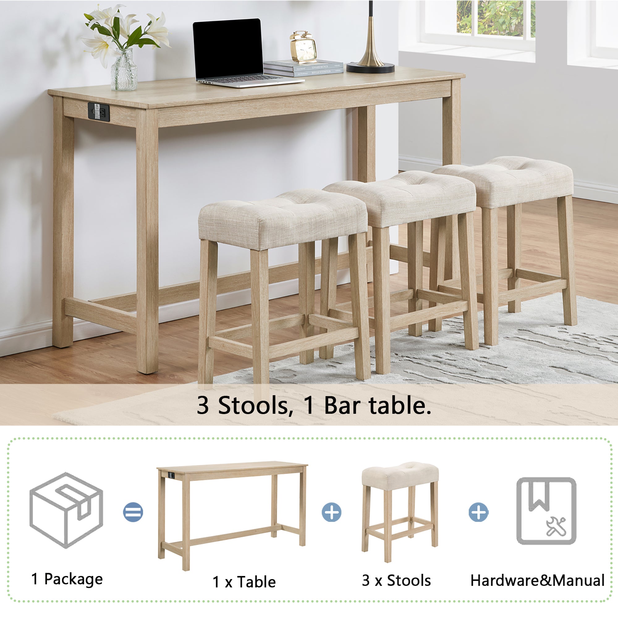4 Piece Bar Table Set with Power Outlet, Bar Table Set with Chairs, Sofa Bar Table with Stools, Behind Couch Table with 3 Padded Stools for Living Room, Dining room, Light Oak - Grand Goldman Shop