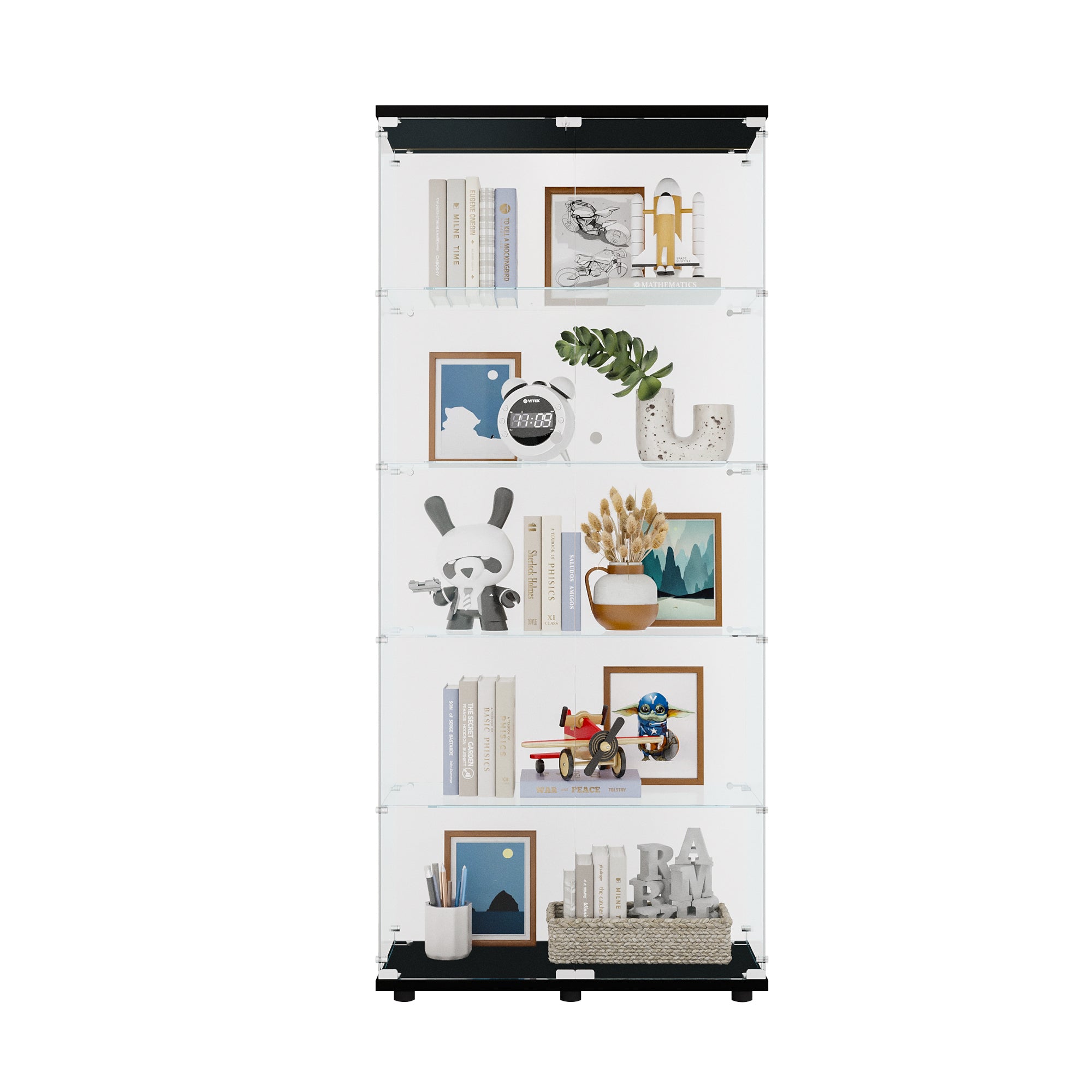 Glass Display Cabinet with 5 Shelves Double Door, Curio Cabinets for Living Room, Bedroom, Office, Black Floor Standing Glass