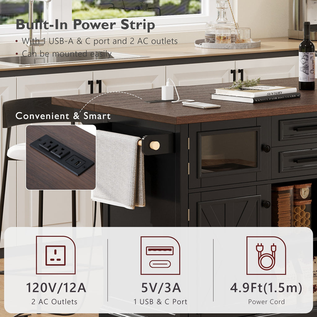 K&K 54.9' Kitchen Island with Drop Leaf, Power Outlet, Kitchen Storage Cart with 4 Door Shelves, Cross Barn Doors & Visual Glass Door, Rolling Kitchen Island on 4 Wheels for Kitchen, Dining Room,Black - Grand Goldman Shop