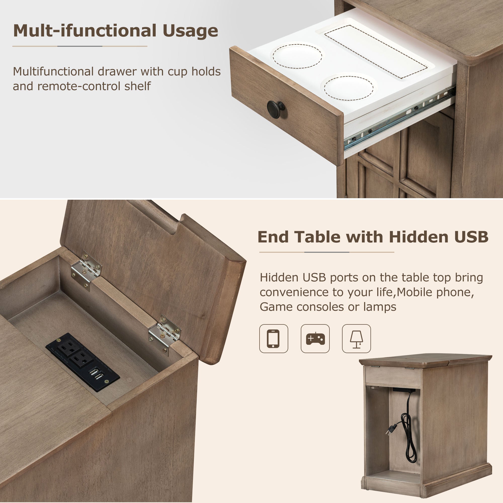 U-Can Classic Vintage Livingroom End Table Side Table with USB Ports and One Multifunctional Drawer with cup holders, Antique Brown (Old SKU: WF296294AAD) - Grand Goldman Shop