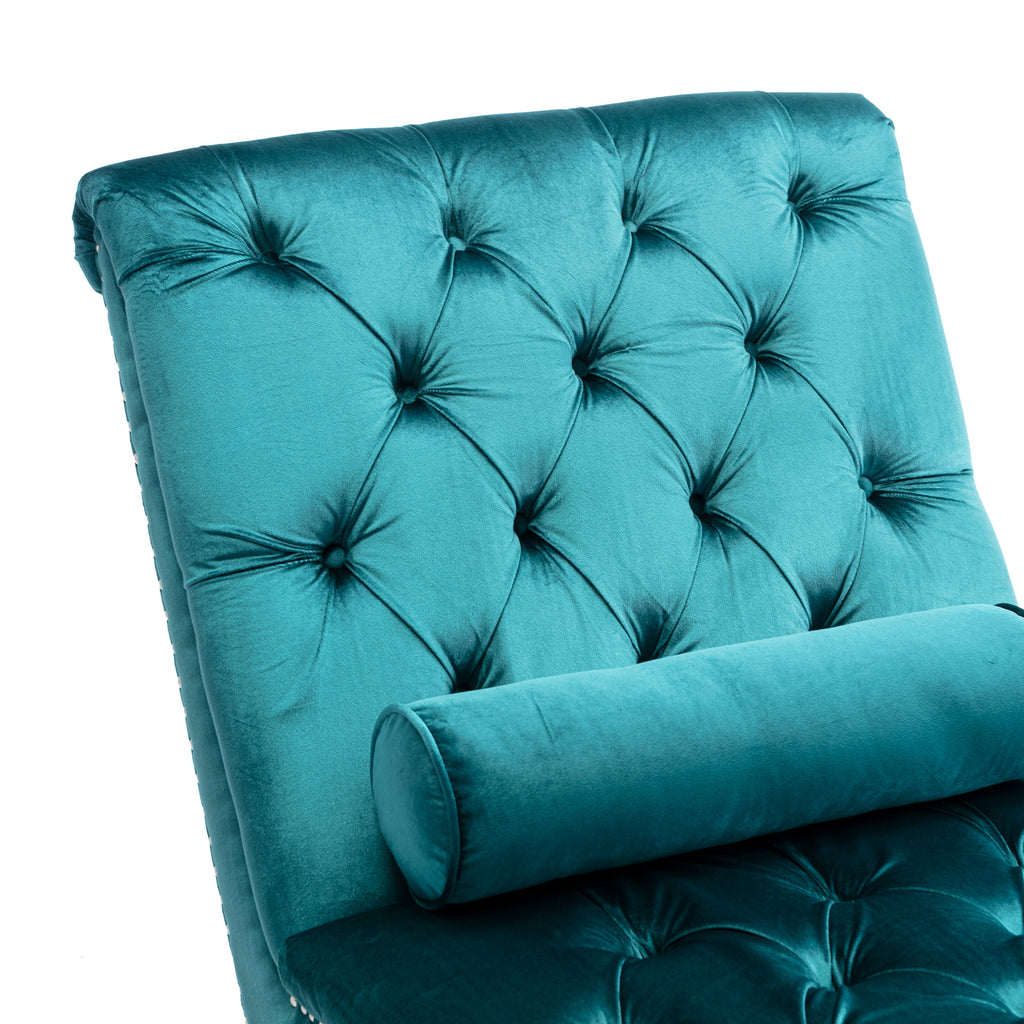 Velvet Chaise Lounge Indoor, Button-Tufted Upholstered Chaise Lounge Chair with Pillow, Teal Velvet, 63.38 inch - Grand Goldman Shop