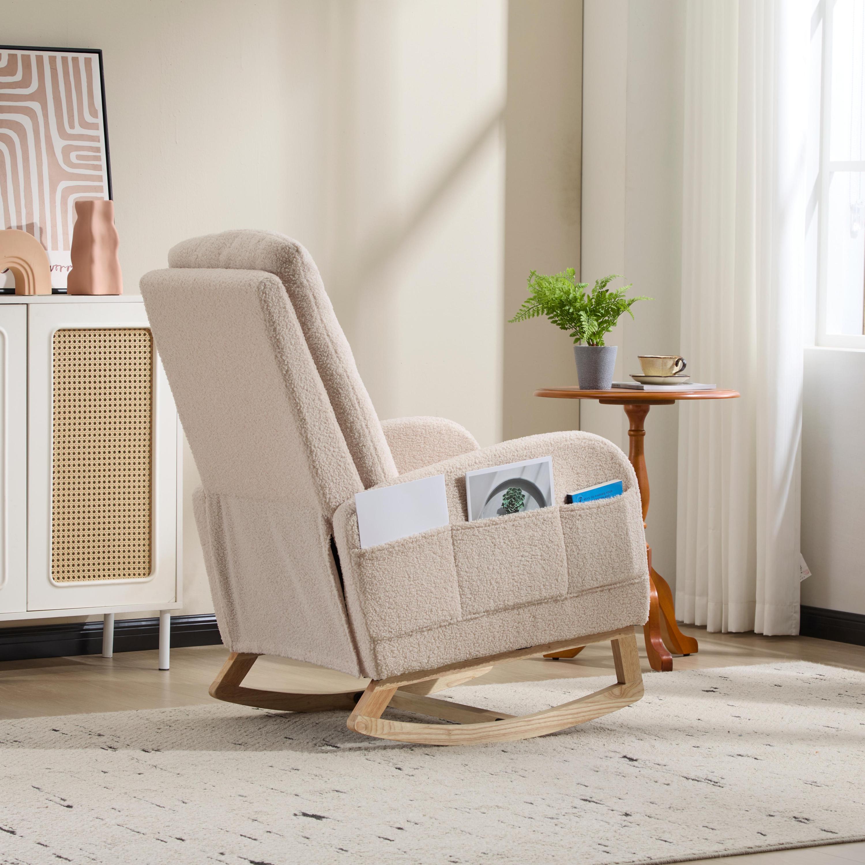 Modern Accent Rocking Chair Rocking Chair with Solid Wood Legs, Upholstered Nursery Glider Rocker Side Pocket and Footrest, Living Room Lounge Arm Chair with High Backrest (beige,teddy) - Grand Goldman Shop