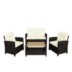 Modern All-Weather Wicker Patio Set with Beige Cushions and Acacia Wood Table in Beige+Brown