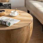 Vintage Style Barrel Coffee Table with Storage in Natural Finish, Solid Wood and MDF, 31.50' Diameter for Living Room, Dining Room, Office - Grand Goldman Shop