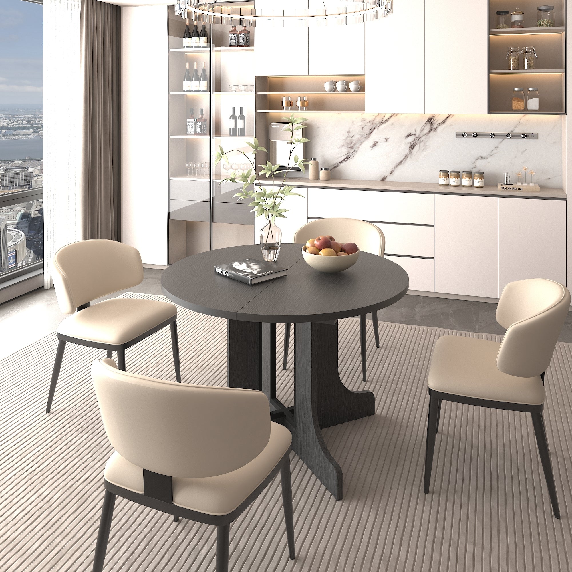 Farmhouse Kitchen Dining Table 59x43 Inch Expandable Oval Top with Removable Leaf Black MDF - Grand Goldman Shop