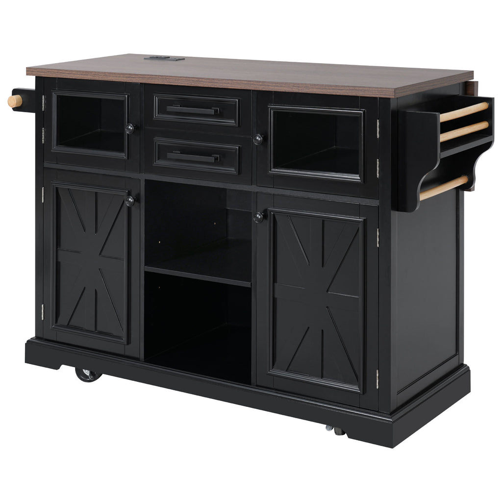 K&K 54.9' Kitchen Island with Drop Leaf, Power Outlet, Kitchen Storage Cart with 4 Door Shelves, Cross Barn Doors & Visual Glass Door, Rolling Kitchen Island on 4 Wheels for Kitchen, Dining Room,Black - Grand Goldman Shop