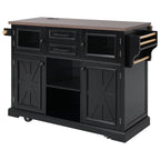 K&K 54.9' Kitchen Island with Drop Leaf, Power Outlet, Kitchen Storage Cart with 4 Door Shelves, Cross Barn Doors & Visual Glass Door, Rolling Kitchen Island on 4 Wheels for Kitchen, Dining Room,Black - Grand Goldman Shop