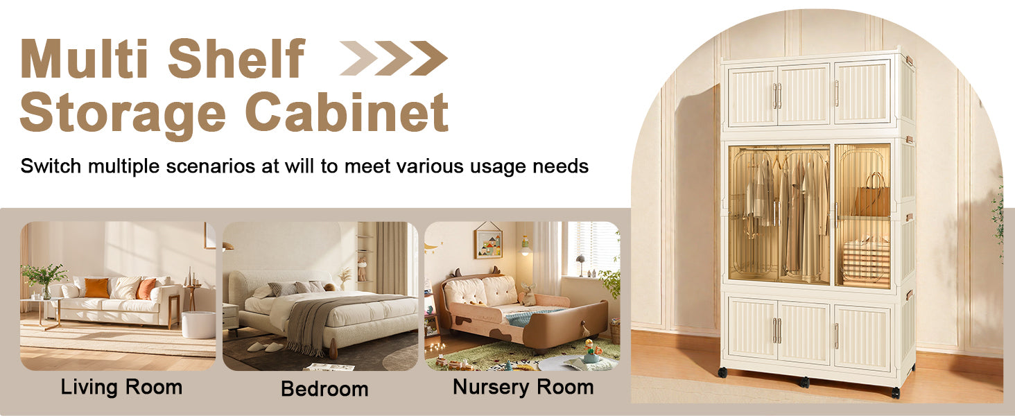 Portable Wardrobe Closet Storage Organizer with 9 Magnetic Doors, Cream White, - Grand Goldman Shop