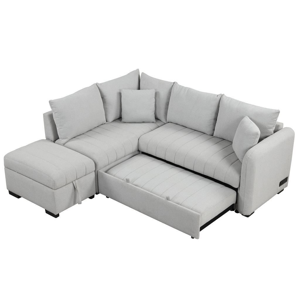 Modern L-shaped Sectional Pull Out Sofa Bed with USB Ports & Storage Ottoman, Gray Jacquard Fabric, 82.6' - Grand Goldman Shop
