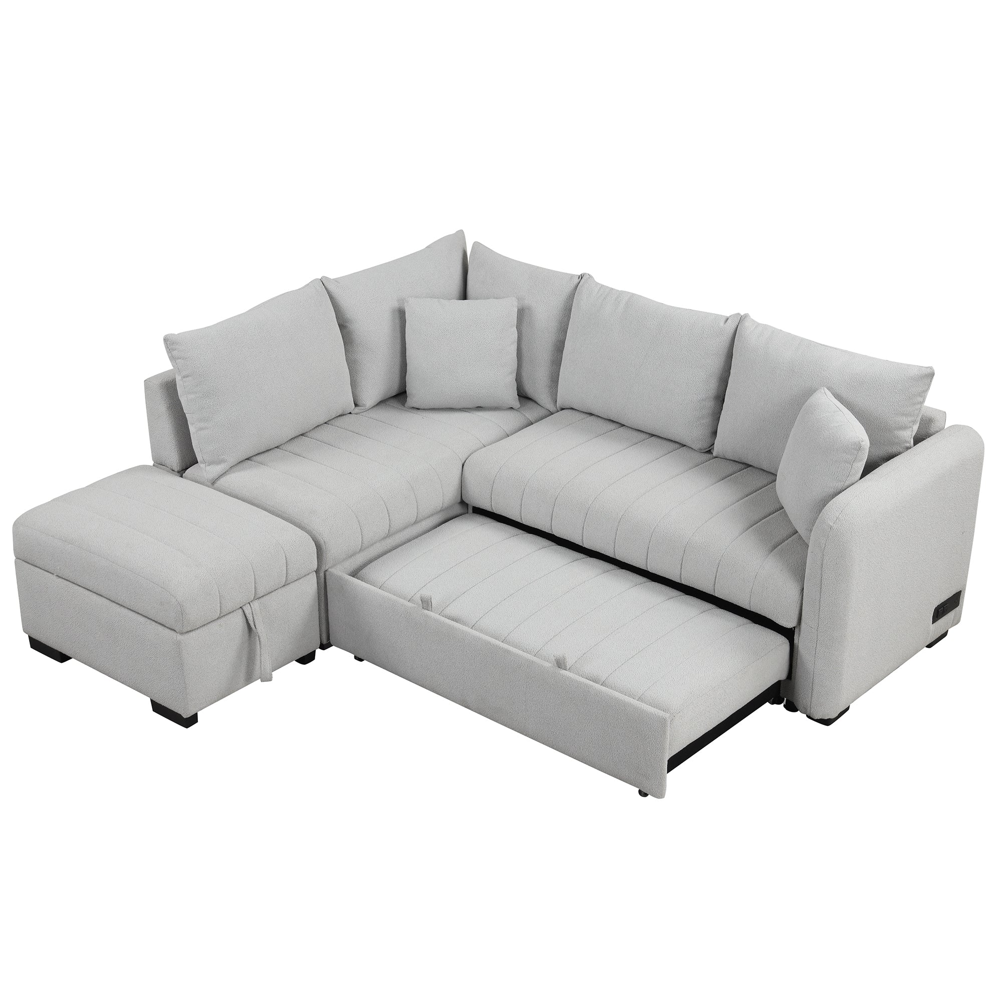 Modern L-shaped Sectional Pull Out Sofa Bed with USB Ports & Storage Ottoman, Gray Jacquard Fabric, 82.6' - Grand Goldman Shop