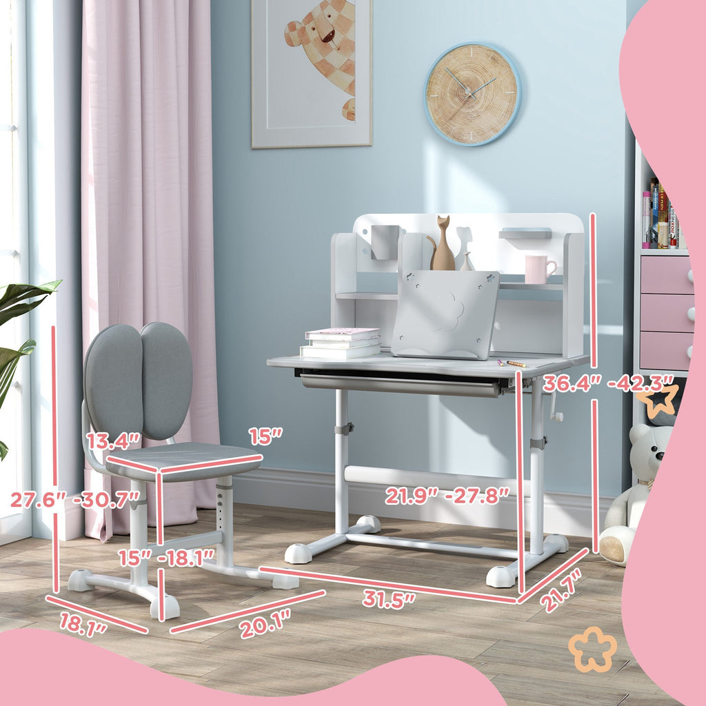 Qaba Kids Desk and Chair Set, Height Adjustable Kids School Study Desk and Chair Set with Tilt Desktop, Storage Drawer and Re