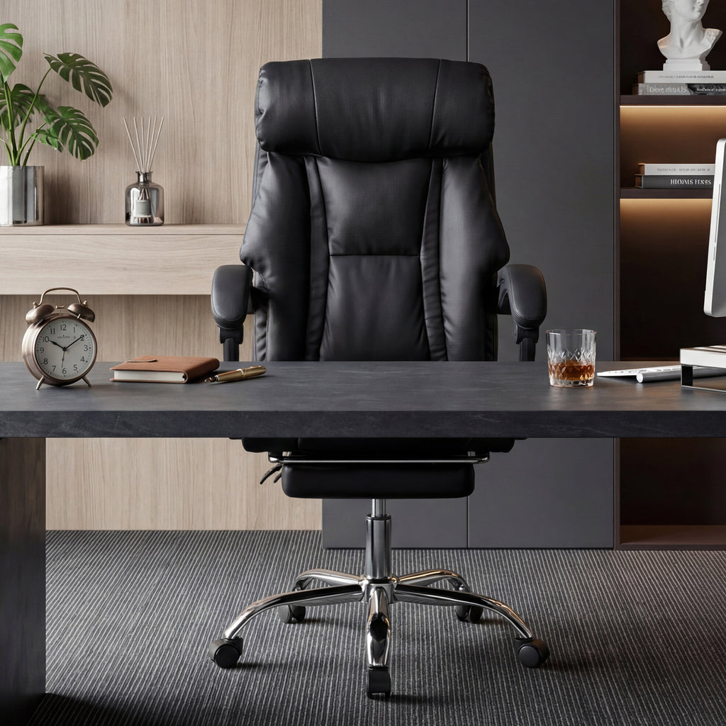 Executive Office Chair with Foot Rest, Adjustable Height High Back Reclining Gaming Chair in Black PU Leather with Metal & Wo