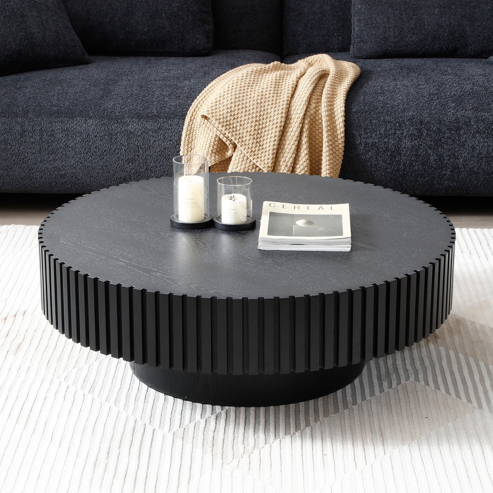 31.49'' Nesting Round Wood Coffee table for Apartment, Modern Living Room Coffee Table with Sturdy Pedestal ,BLACK (Same Sku:W876P243950) - Grand Goldman Shop