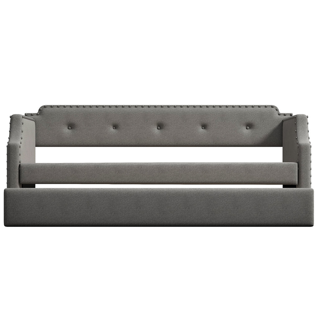 Gray Upholstered Daybed with Trundle, Twin, Wood Slat Support, Linen Fabric Frame Sofa Bed - Grand Goldman Shop