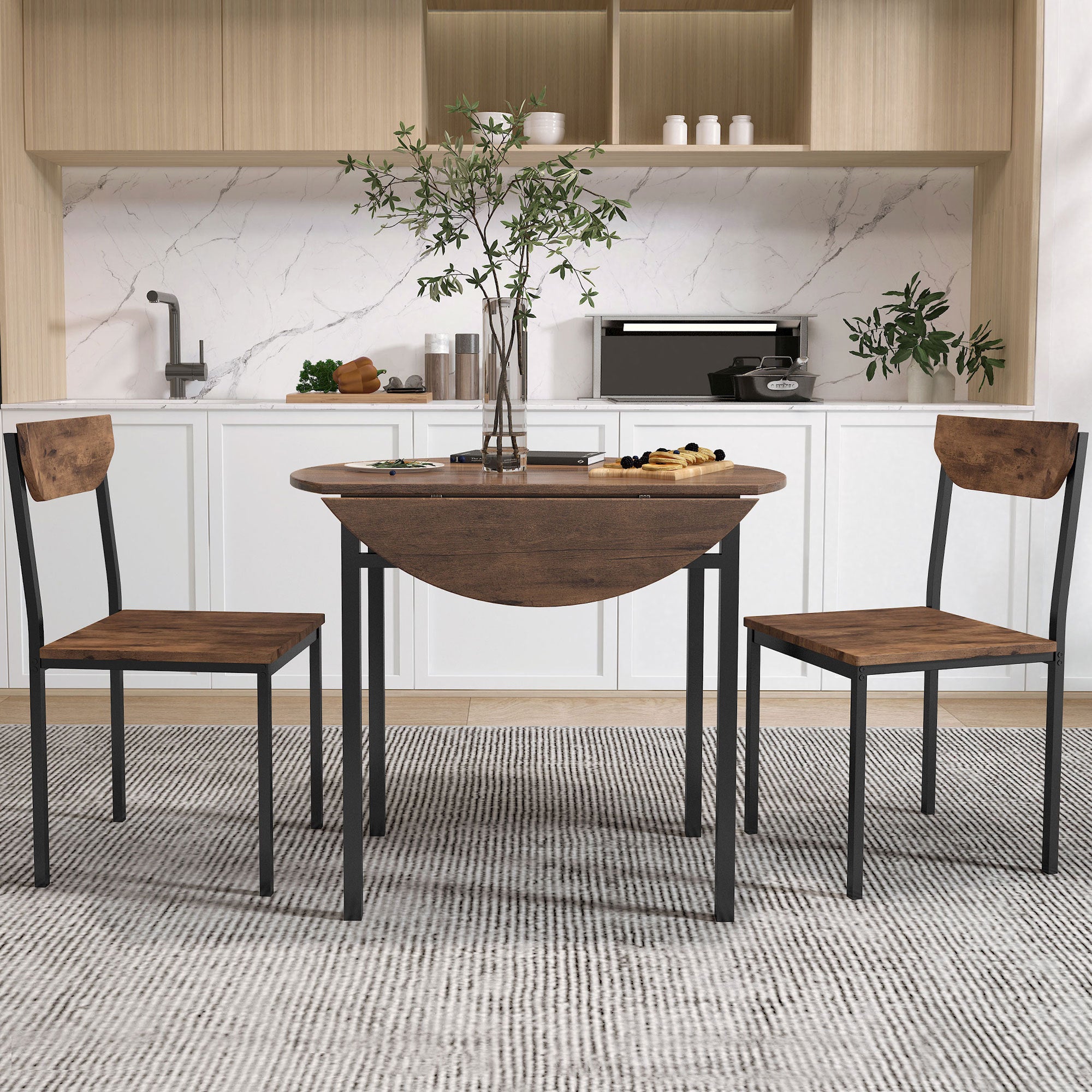 TOPMAX Modern 3-Piece Round Dining Table Set with Drop Leaf and 2 Chairs for Small Places,Black Frame+Rustic Brown Finish - Grand Goldman Shop