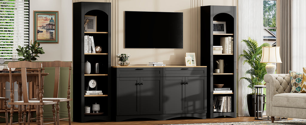 ON-TREND 3-Piece Farmhouse Entertainment Center with Storage Cabinet for TVs Up to 70', Mid-Century TV Stand with Bookshelf, Rustic Versatile Sideboard with Adjustable Shelves for Living Room, Black - Grand Goldman Shop