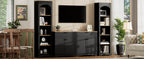 ON-TREND 3-Piece Farmhouse Entertainment Center with Storage Cabinet for TVs Up to 70', Mid-Century TV Stand with Bookshelf, Rustic Versatile Sideboard with Adjustable Shelves for Living Room, Black - Grand Goldman Shop