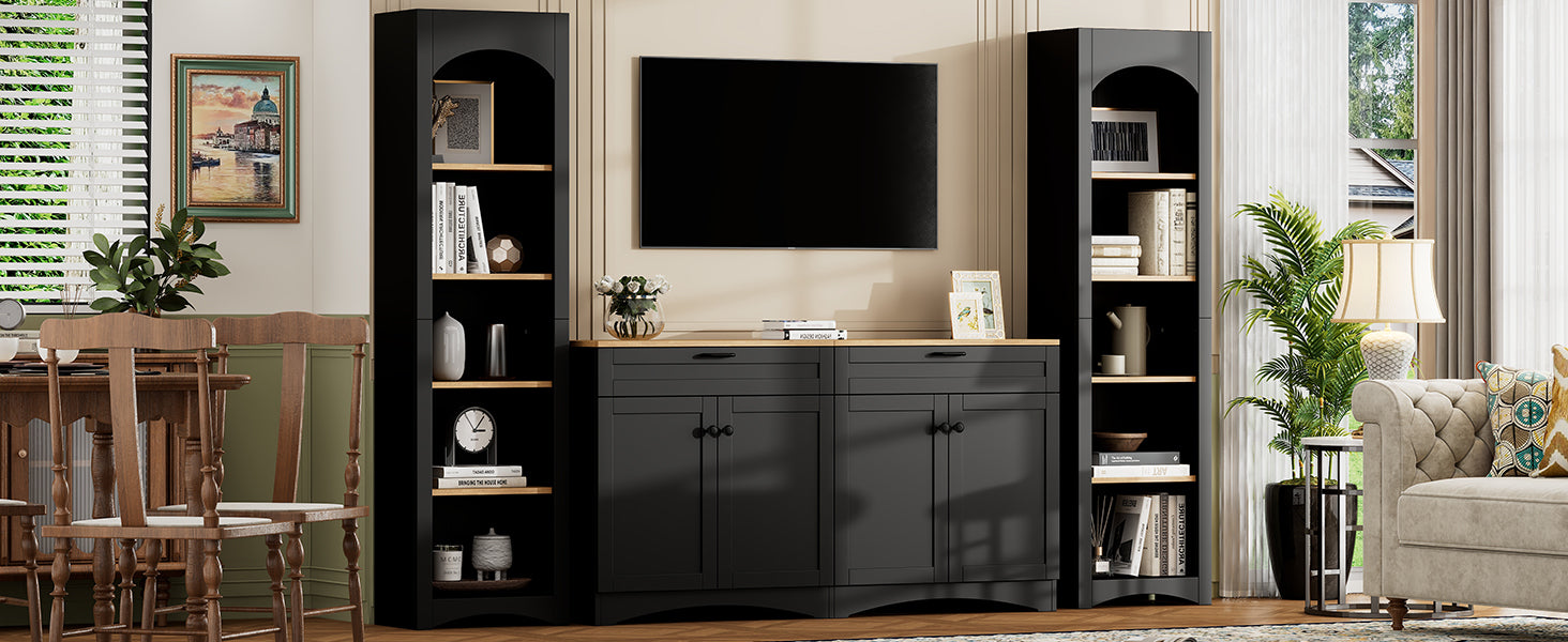 ON-TREND 3-Piece Farmhouse Entertainment Center with Storage Cabinet for TVs Up to 70', Mid-Century TV Stand with Bookshelf, Rustic Versatile Sideboard with Adjustable Shelves for Living Room, Black - Grand Goldman Shop