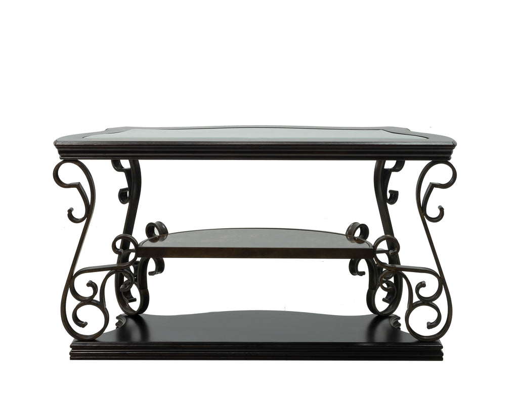 Sofa Table, Glass table top, MDF W/marble paper middle shelf, powder coat finish metal legs. (54'Lx20'Wx30'H) - Grand Goldman Shop