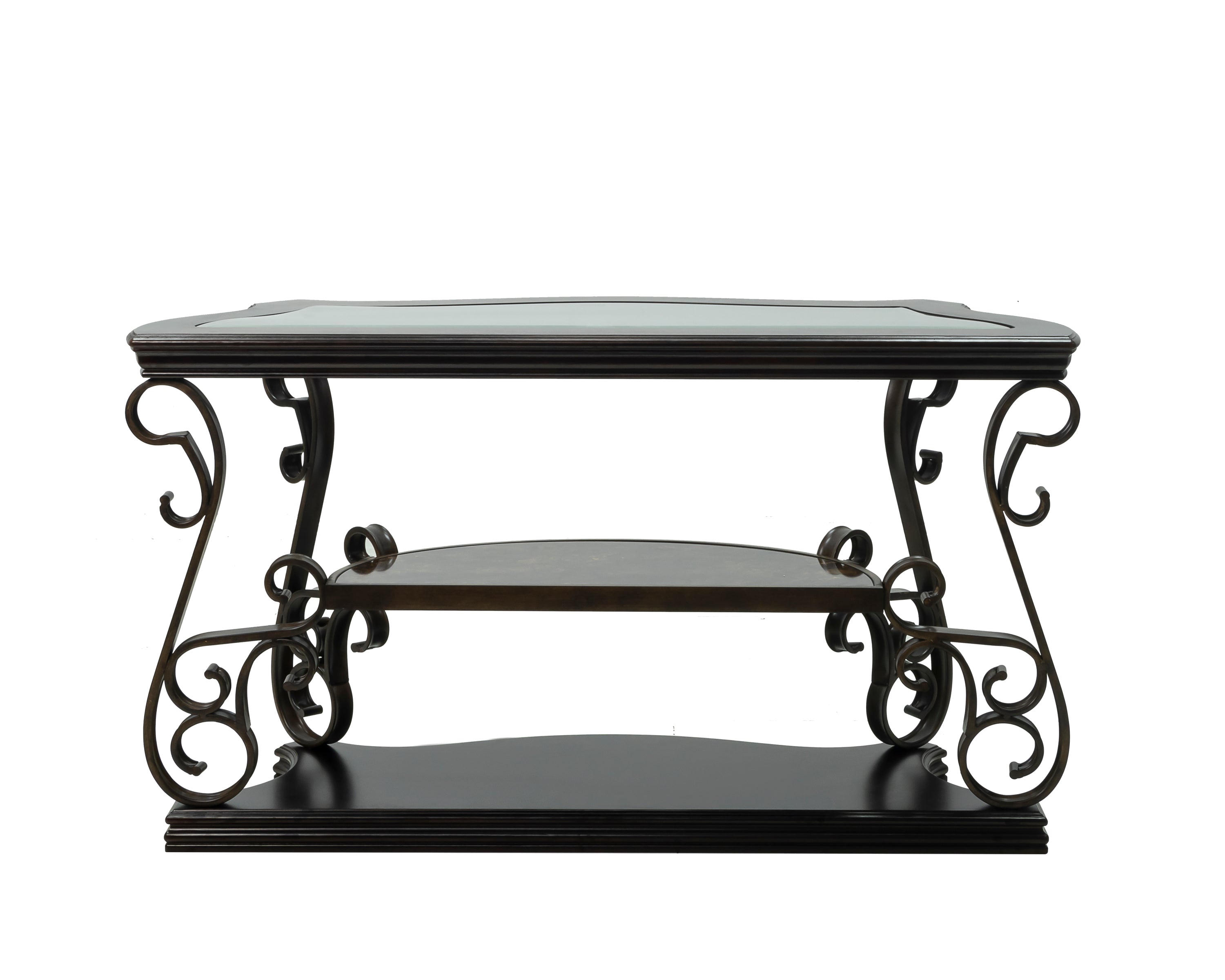 Sofa Table, Glass table top, MDF W/marble paper middle shelf, powder coat finish metal legs. (54'Lx20'Wx30'H) - Grand Goldman Shop