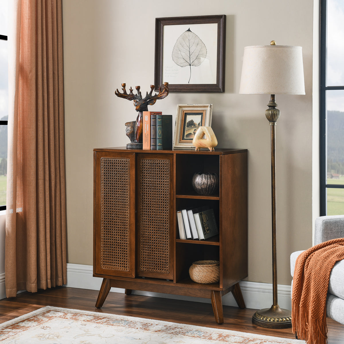 Mid Century Modern Rattan Sideboard Cabinet, Buffet Cabinet for Entryway Hallway Living Room Kitchen Dining Room, Adjustable Shelf & Solid Wood Feet & Rattan Cabinet Doors - Dark Wood - Grand Goldman Shop