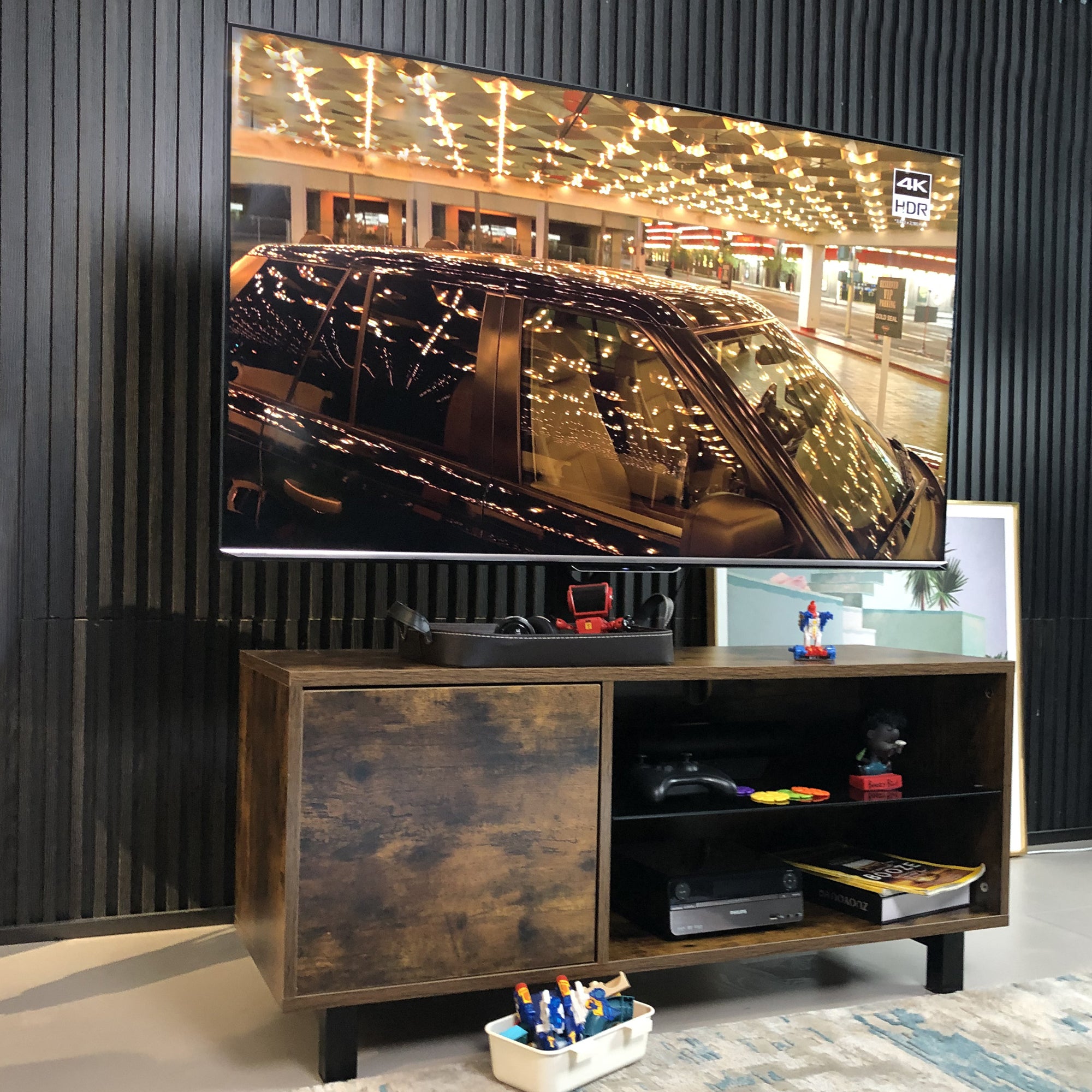 Rustic Brown TV Console with push-to-open Storage Cabinet for TV up to 65in Wood &glass TV Stand for Living Room Bedroom - Grand Goldman Shop