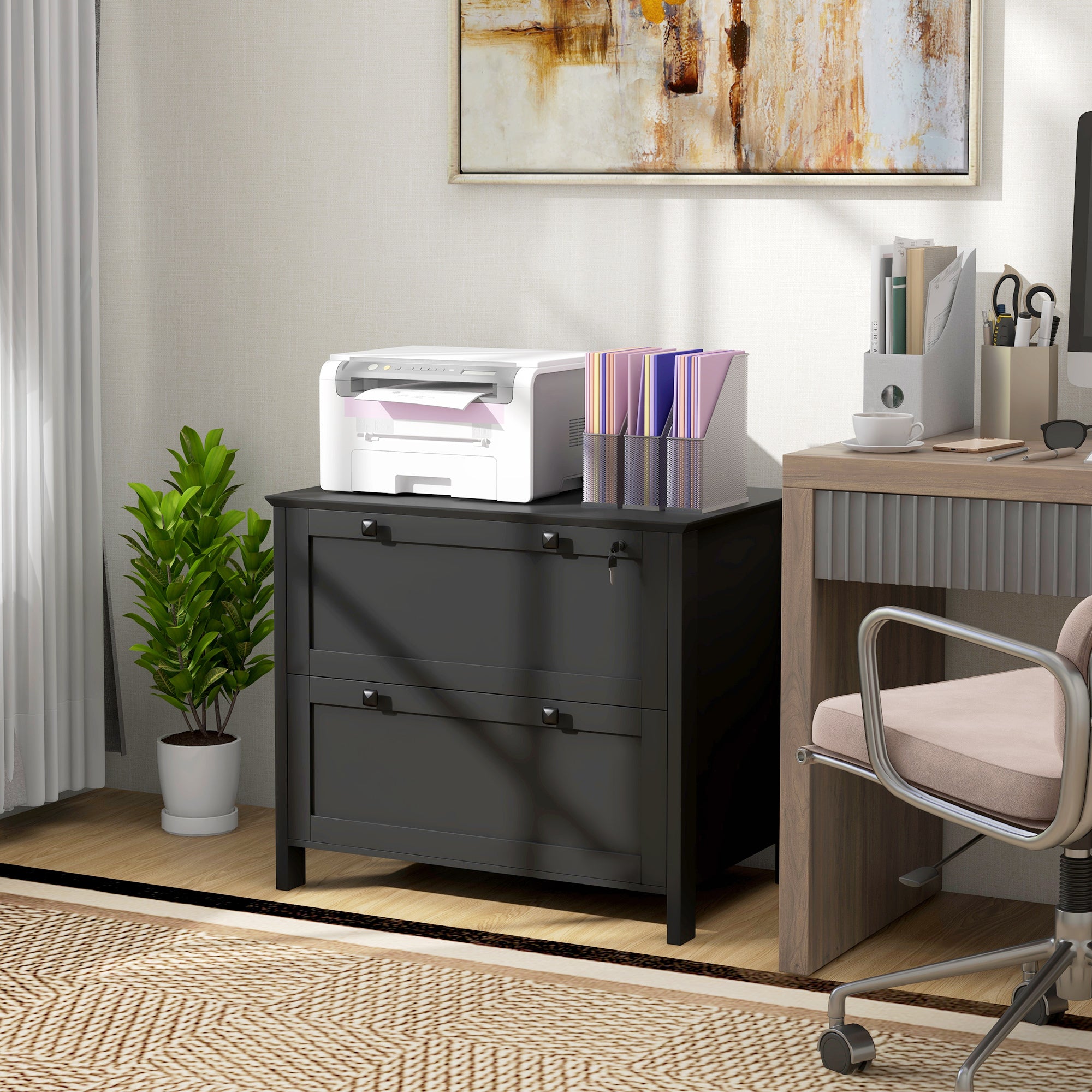 HOMCOM 2 Drawer File Cabinet with Lock, Lateral Filing Cabinet with Keys and Adjustable Hanging Bar for Letter, A4 and Legal 