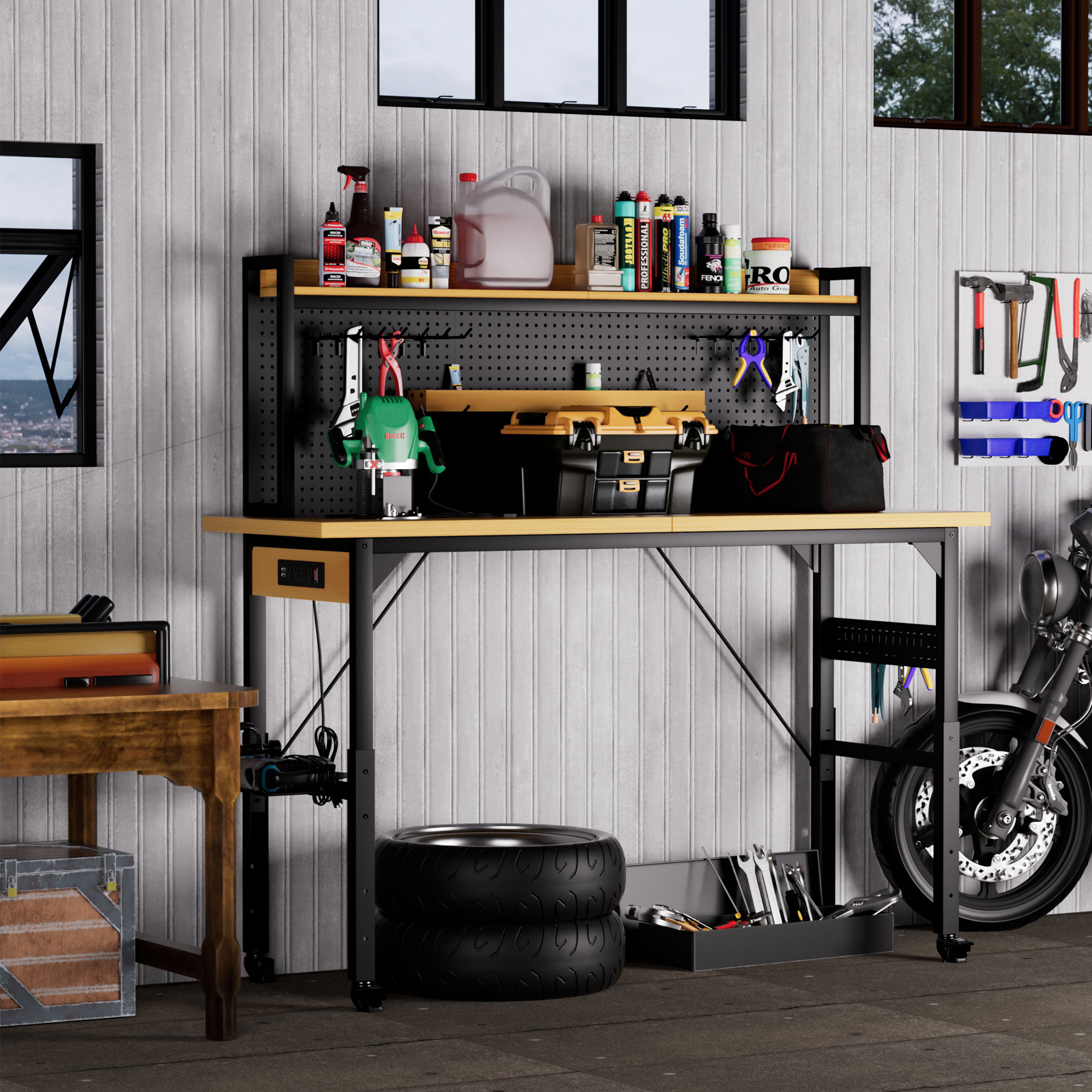 71''Adjustable Workbench with pegboard, Heavy Duty Wooden Desktop Workbench with Wheels, 1600 lb. Load Capacity, Rolling Work