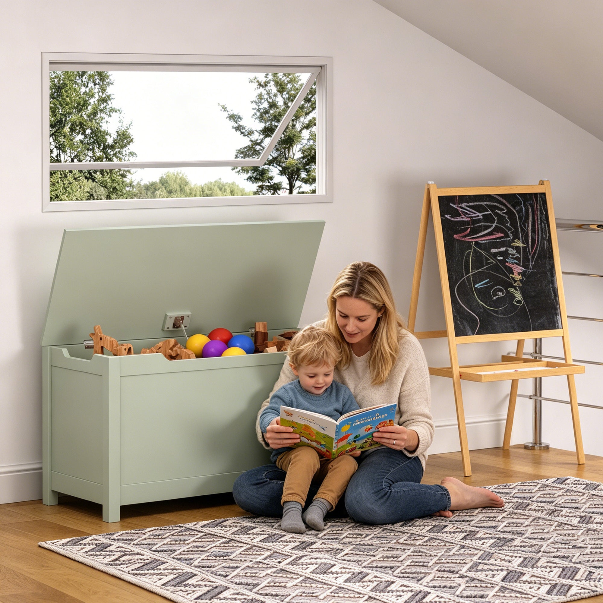Kids Wooden Toy Box Storage with Safety Hinged Lid for Ages 2+ (Sage) - Grand Goldman