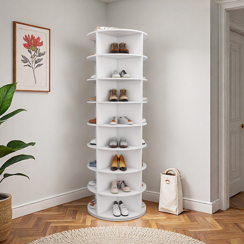 Rotating Shoe Rack Tower, 8-Tier Spinning Storage Rack, Free Standing 360° Revolving Organizer in White with PVC Construction, Holds 32 Pairs of Shoes - Grand Goldman Shop