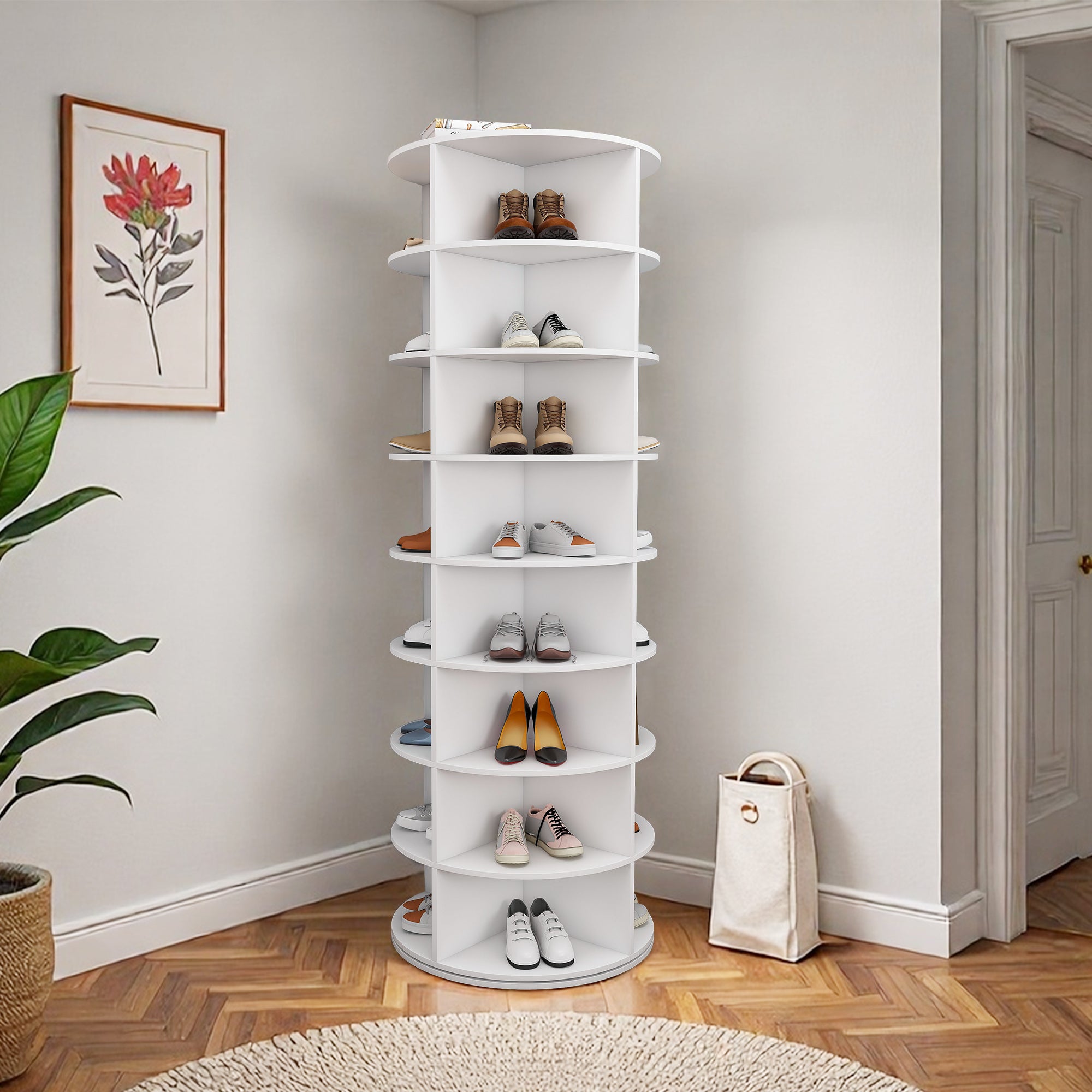 Rotating Shoe Rack Tower, 8-Tier Spinning Storage Rack, Free Standing 360° Revolving Organizer in White with PVC Construction, Holds 32 Pairs of Shoes - Grand Goldman Shop