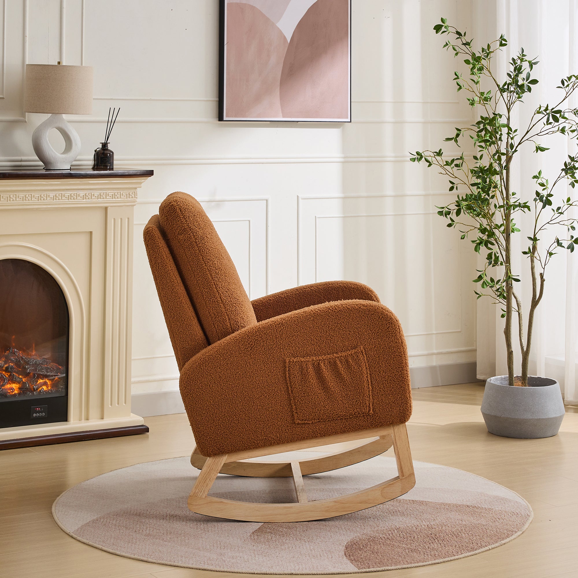 27.2'W Rocking Chair for Nursery, Sherpa Glider Chair with High Back and Side Pocket, Rocking Accent Armchair with Rubber Wood Legs for Living Room/Bedroom.Caramel - Grand Goldman Shop