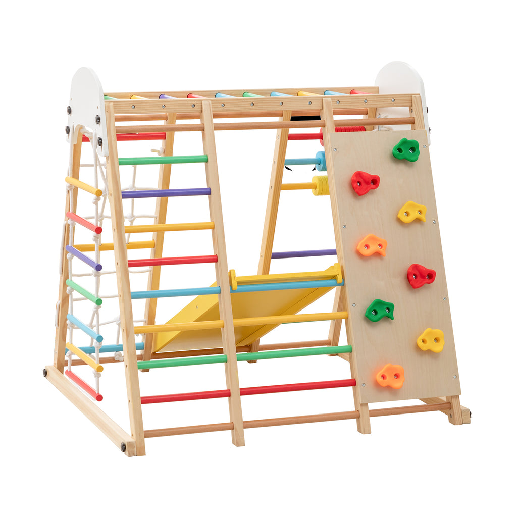 9-in-1 Foldable Kids Climbing Frame & Slide, Wooden Toddler Playground with Swing, Monkey Bars, Climbing Rock, Abacus Game – 