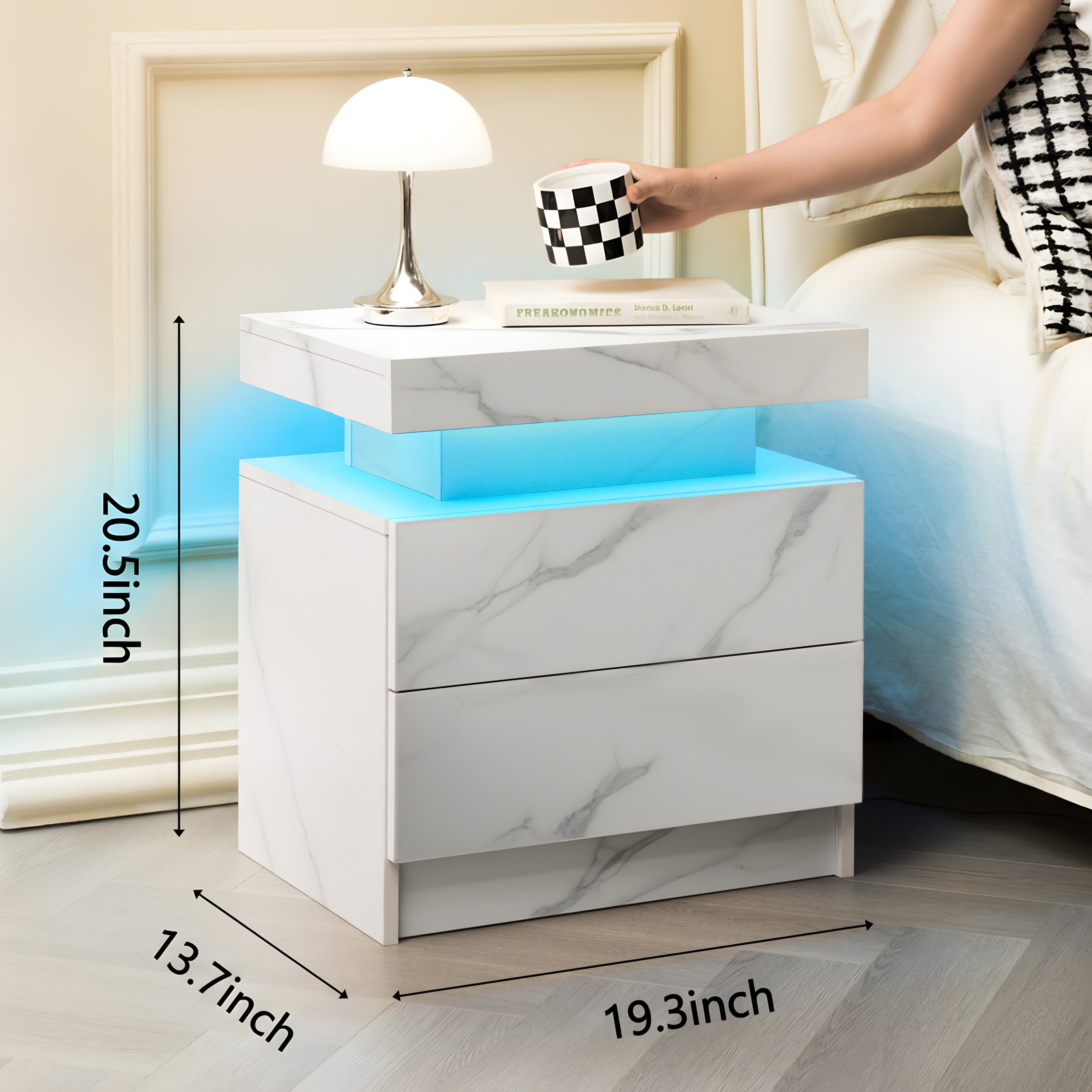 Nightstand LED Bedside Table Cabinet Lights Modern End Side with 2 Drawers for Bedroom (White Stone) - Grand Goldman Shop