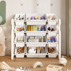 Multi-functional Kids Toy Storage Organizer Cabinet with HDPE Shelf and 12 Bins, Grey White, 33.07 x 14.17 x 33.86 inches - Grand Goldman Shop