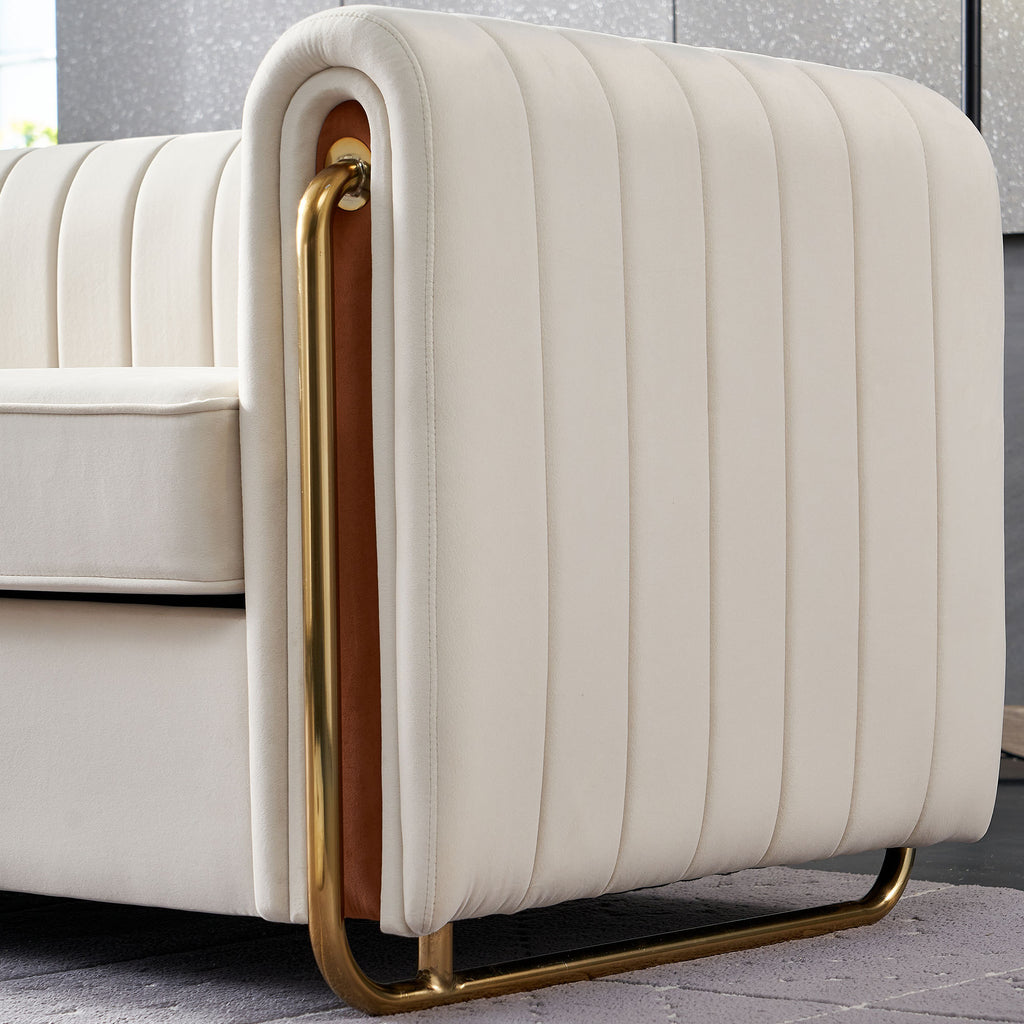 Contemporary Velvet Sofa Couch 84.25''W for Living Room, Beige - Grand Goldman Shop