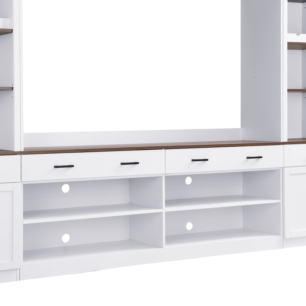 Farmhouse Entertainment Wall Unit with Bookshelf for TVs Up to 70', Walnut TV Stand with Adjustable Shelves, Mid-Century Media Console with Wine Rack for Living Room, White (NEW SKU: N721S000046K-2) - Grand Goldman Shop
