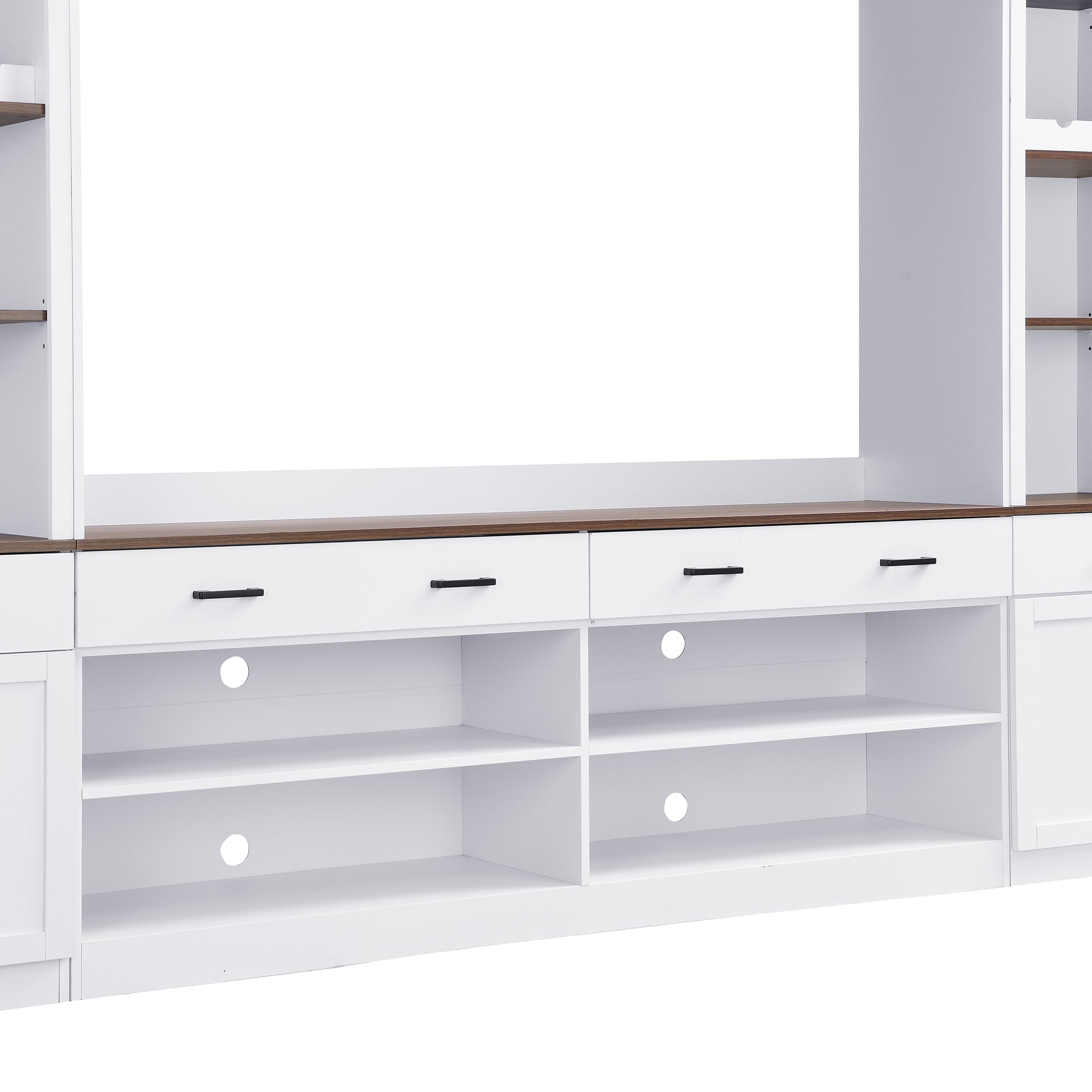 Farmhouse Entertainment Wall Unit with Bookshelf for TVs Up to 70', Walnut TV Stand with Adjustable Shelves, Mid-Century Media Console with Wine Rack for Living Room, White (NEW SKU: N721S000046K-2) - Grand Goldman Shop