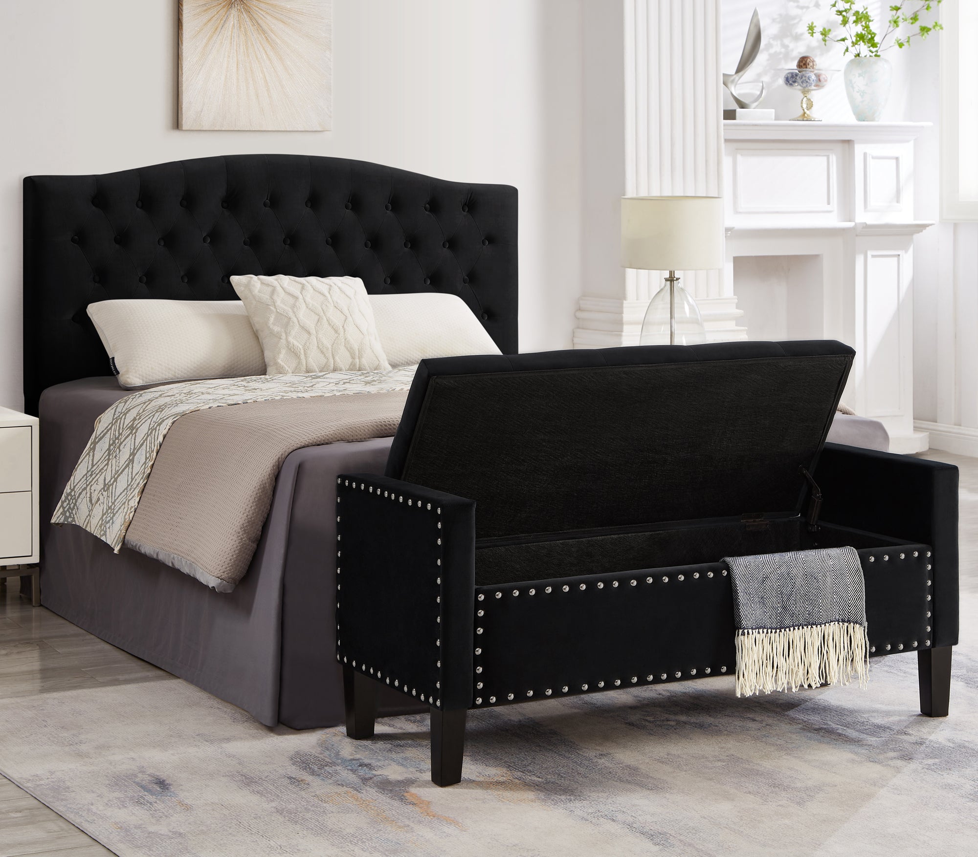 Upholstered Tufted Button Storage Bench with nails trim,Entryway Living Room Soft Padded Seat with Armrest,Bed Bench-Black - Grand Goldman Shop