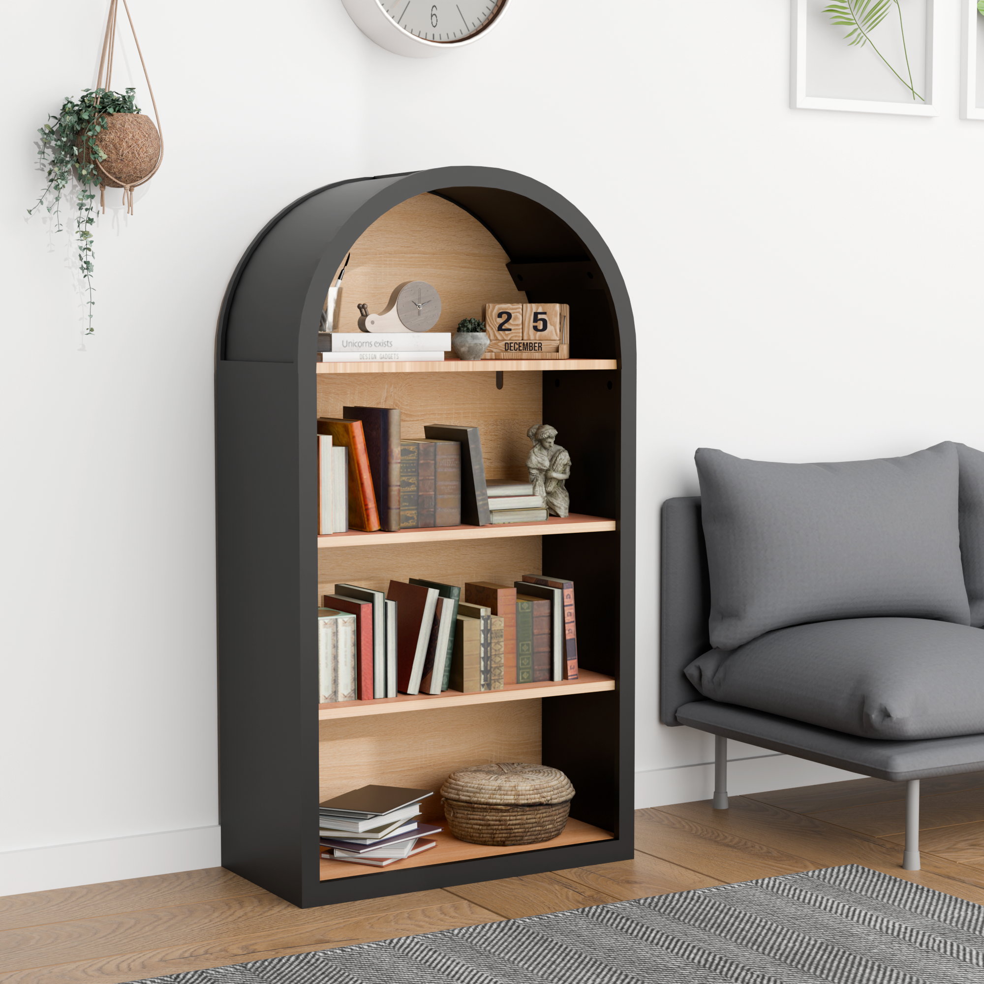 4-Tier Black Arched Bookshelf, 43' Tall Arched Bookcase with Storage Shelves - Grand Goldman Shop